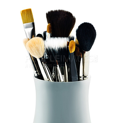 Buy stock photo Cosmetics, makeup and beauty with brush, tool and aesthetic for skincare on white background. Studio, choice and quality for blending, soft and product for transformation, creative and application