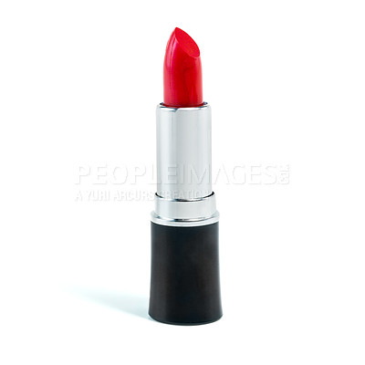 Buy stock photo Lipstick, makeup and red color in studio for cosmetics, beauty and luxury product on white background. Closeup, aesthetic and dermatology for lip grooming, mockup space and sample in promo or tube