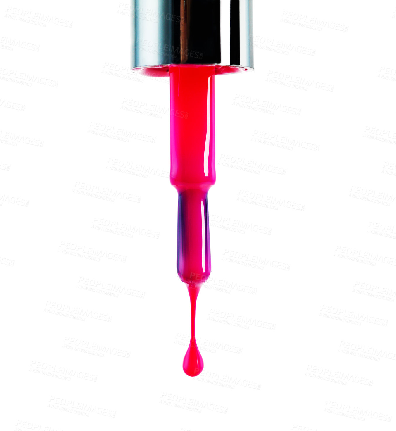 Buy stock photo Nail polish, pink and drop drip in studio for manicure or pedicure, art or design and application for hands and feet. Closeup, cosmetic product and brush for color or coating for beauty and fashion.