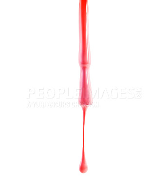 Buy stock photo Nail polish, liquid and brush on a white background for beauty, cosmetics and painting nails. Cosmetology, luxury spa and isolated drip of salon products for manicure, pedicure and pamper in studio