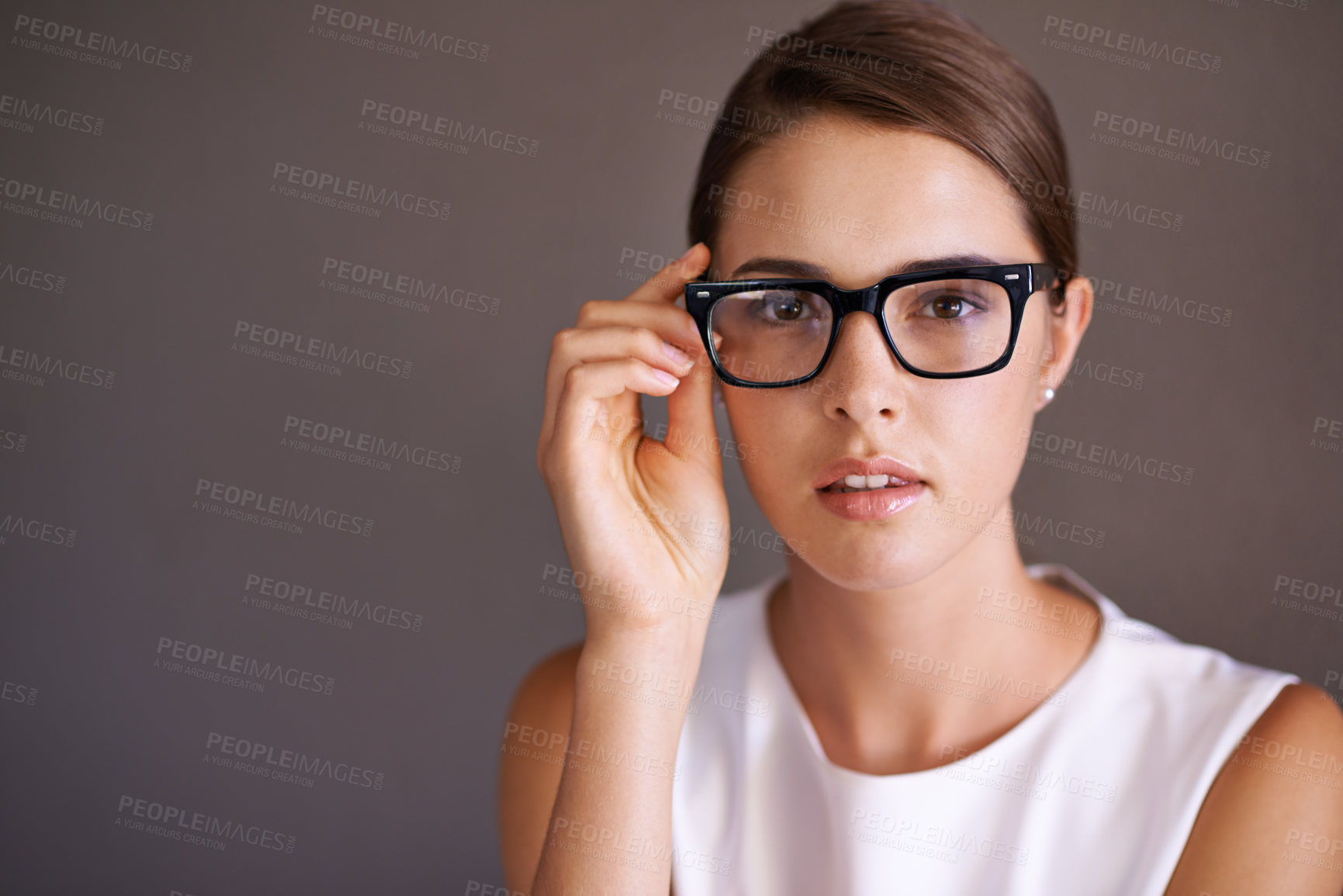 Buy stock photo Portrait, business and glasses with woman, optometry and employee on a studio background. Face, person and model with stylish eyewear or clear vision with mockup space and frame with sight or agent