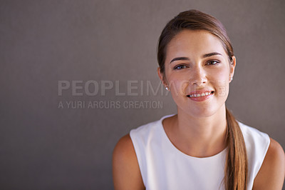 Buy stock photo Portrait, happy woman or smile in studio professional and confident person by grey background. French female, designer and pride on face for career growth and positive attitude in creative job
