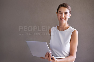 Buy stock photo Business, portrait and woman with laptop, smile and entrepreneur on a studio background. Person, connection or PR consultant with a computer or internet with website information, tech or confidence