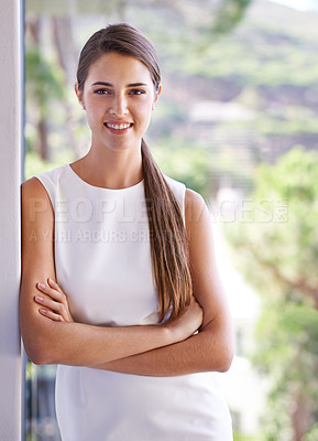 Buy stock photo Portrait, smile and business woman arms crossed at hotel in morning for hospitality, accommodation. Career, company and trip with happy young employee at apartment or lodge for professional trip