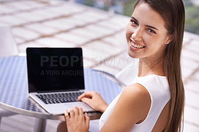 Buy stock photo Business woman, laptop and portrait for outdoor connection as financial consultant for online email, network or communication. Female person, face and client trust for budget, loan or investments