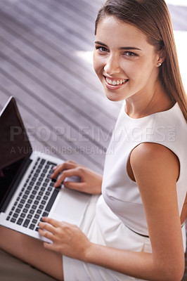 Buy stock photo Smile, laptop and portrait of woman outdoor by pier working on creative project online with fresh air. Happy, technology and face of young female freelancer with computer for research on dock.