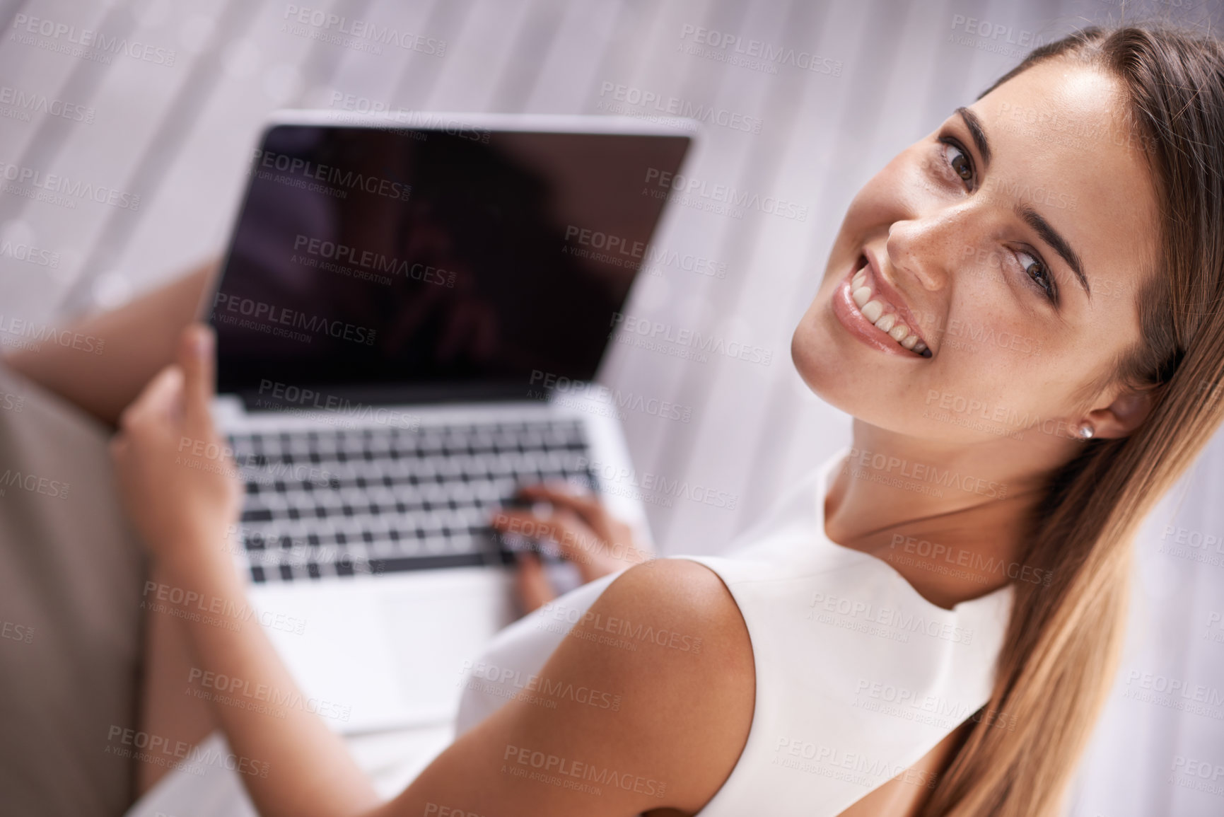 Buy stock photo Businesswoman, portrait and laptop for online communication as journalist for research, proposal or review. Female person, face and internet connection in London for blogging, website or entrepreneur