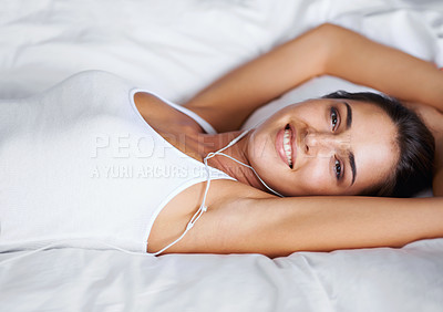 Buy stock photo Portrait, serious and woman bed thinking with hands on head, bedroom and wake up in morning. House, pillow and female person relax with comfort on soft mattress with duvet for girl in weekend