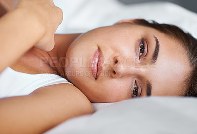 Buy stock photo Wake up, relax and portrait of woman in bed with wellness, confidence and happy in apartment. Face, home and girl in bedroom with peace, calm and morning for healthy sleep, comfort and natural rest.