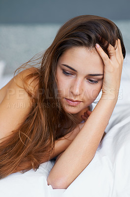 Buy stock photo Morning, relax and woman in bed thinking with wellness, confidence and calm in apartment. Face, home and girl in bedroom with peace, dream and wake up for healthy sleep, comfort and natural rest.