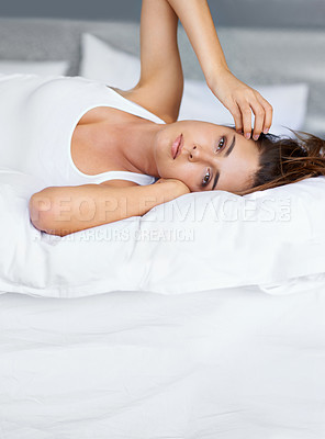 Buy stock photo Morning, relax and portrait of girl in bed with wellness, confidence and cozy in apartment. Face, home and woman in bedroom with peace, calm and wake up for healthy sleep, comfort and natural rest.