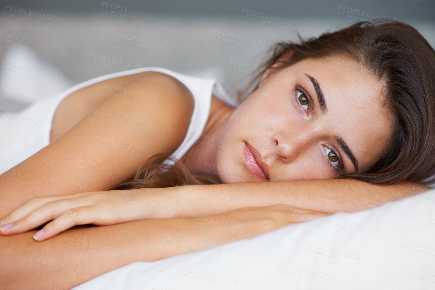 Buy stock photo Morning, calm and portrait of woman in bed with wellness, confidence and cozy in apartment. Face, home and girl in bedroom with peace, relax and wake up for healthy sleep, comfort and natural rest.