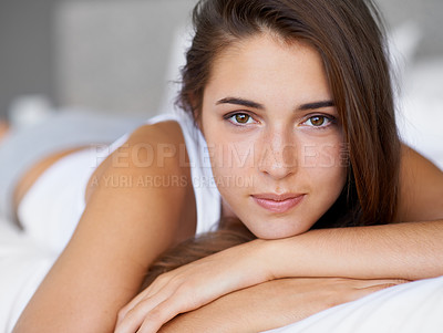 Buy stock photo Morning, face and portrait of woman in bed with wellness, confidence and weekend in apartment. Relax, home and girl in bedroom with peace, calm and wake up for healthy sleep, comfort and natural rest