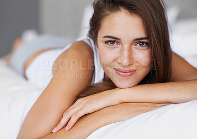 Buy stock photo Portrait, home and vacation with woman, smile and bedroom with happiness and casual with comfort. Face, person or apartment with girl or relaxing with hospitality or weekend break with joy or holiday