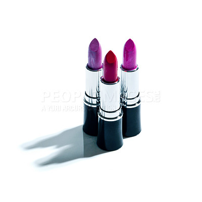 Buy stock photo Lipstick, makeup and color in studio or product, beauty and luxury cosmetics on white background. Closeup, aesthetic and dermatology for lip grooming, makeover and mockup space for selection in promo