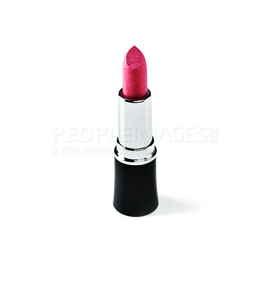 Buy stock photo Lipstick, makeup and pink in studio for cosmetics, beauty and luxury product on white background. Closeup, aesthetic and dermatology for lip grooming, mockup space and sample in promo or advertising