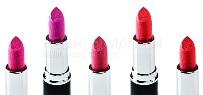 Buy stock photo Lipstick, closeup and product for makeup, beauty and cosmetics isolated on white background for creativity. Abstract, tools and set of rouge for art, color and gloss with collection in studio