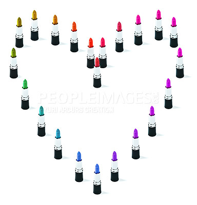 Buy stock photo Makeup, studio and rainbow color for lipstick and heart shape display on white background for cosmetics. Choice, beauty product and advertising of trends collection and lip gloss for valentines day
