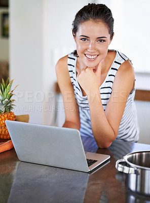 Buy stock photo Kitchen, portrait and woman search with laptop for cooking, recipe and tutorial guide for dinner. Happy, chef and girl typing on computer and learning from blog about nutrition, diet and information