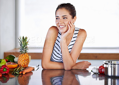 Buy stock photo Woman, cooking and smile in kitchen for nutrition, diet and meal with healthy ingredients. Vegetables, thinking and happy female person preparing for vegan, vegetarian and organic recipe in apartment