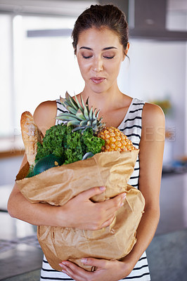 Buy stock photo Home, delivery or woman with groceries or food, sale or discounts deal on nutrition in kitchen. Customer, offer or female person buying healthy vegetables for cooking organic fruits or diet choice