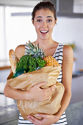 Buy stock photo House, surprise or portrait of woman with groceries on promotion, sale or discounts deal on nutrition. Wow, delivery offer or shocked lady buying healthy food for cooking organic fruit or diet choice