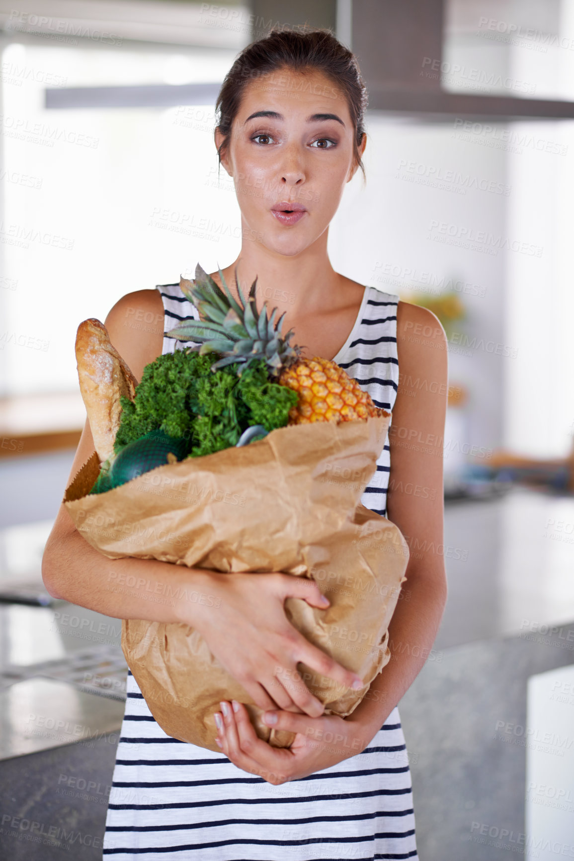 Buy stock photo Home, shock or portrait of woman with groceries on promotion, sale or discounts deal on nutrition. Wow, delivery offer surprise or person buying healthy food for cooking organic fruits or diet choice