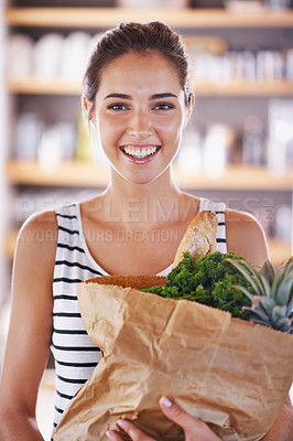 Buy stock photo Home, happy or portrait of woman with groceries on promotion, sale or discounts deal on nutrition. Smile, delivery offer or female person and buying healthy food to cook organic fruits or diet choice