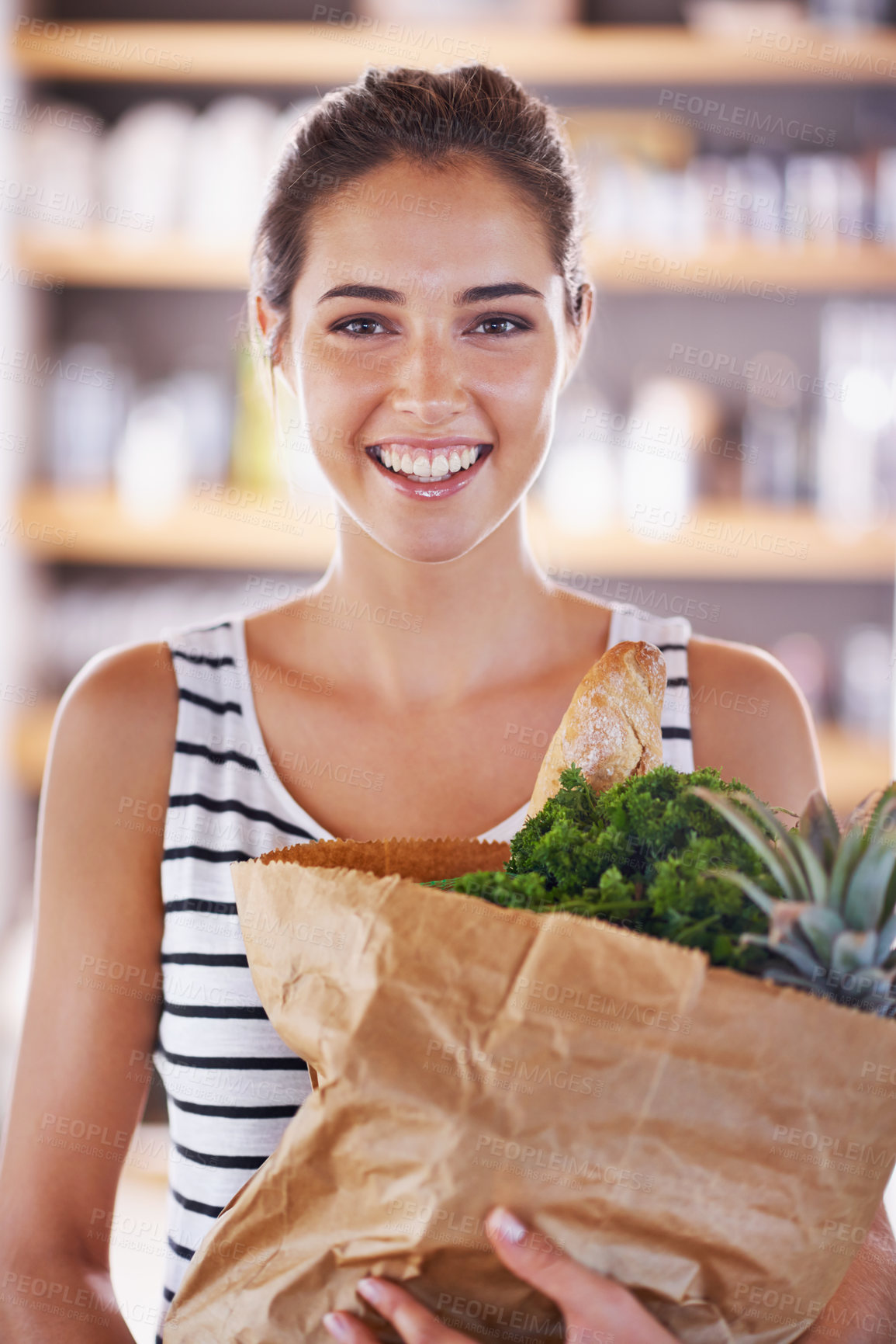 Buy stock photo Home, happy or portrait of woman with groceries on promotion, sale or discounts deal on nutrition. Smile, delivery offer or female person and buying healthy food to cook organic fruits or diet choice