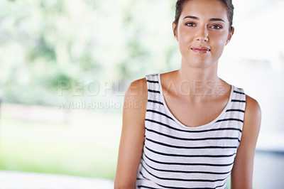 Buy stock photo Portrait, happy and home with sunshine, woman and fashion with casual outfit and summer. Face, person and weekend break with nature and stylish clothes with confidence and proud with beauty and relax