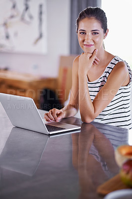 Buy stock photo Kitchen, portrait and woman search with laptop for recipe, guide and online tutorial for dinner. Happy, chef and girl typing on computer and learning from blog about nutrition, diet and information