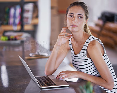 Buy stock photo App, social media and thinking for woman in home with laptop on table for internet, idea and info. Blogger or content creator with tech for online, engagement and web for email and work in house