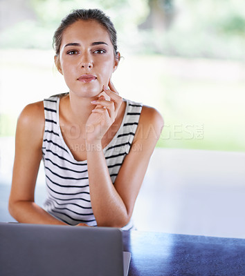 Buy stock photo Woman, portrait and research with laptop for remote work as writer in kitchen at home. Confident, girl and typing on computer and learning from blog, article and writing with information as author
