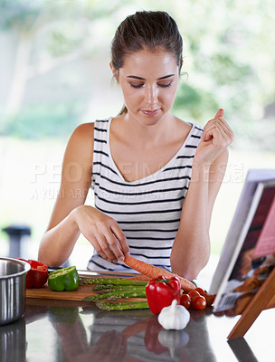 Buy stock photo Cooking, vegetables and woman in kitchen for lunch, dinner and supper for healthy eating. Nutrition, recipe and person with food, ingredients and cutting board for wellness, diet and meal in home