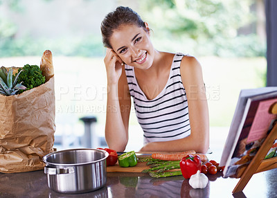 Buy stock photo Portrait, woman and smile in kitchen for nutrition, diet and meal with healthy ingredients. Dinner, vegetables and face of female person preparing for vegan, vegetarian or organic recipe in apartment