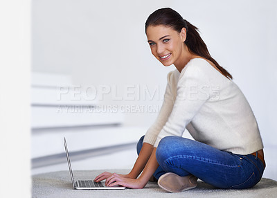 Buy stock photo Portrait, happy woman and typing on laptop on floor at home for remote work, social media or reading email on internet. Computer, freelancer and person on carpet with tech for networking in Argentina