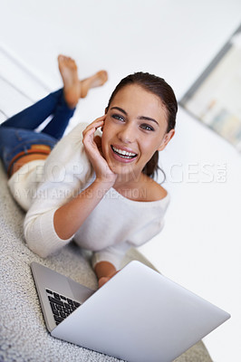 Buy stock photo Laptop, funny and woman on floor in home for remote work, social media or laughing at meme on internet in Australia. Computer, freelancer and happy face of person on carpet with technology to relax