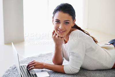 Buy stock photo Laptop, floor and portrait of happy woman in home for remote work, social media or email on internet in Australia. Computer, freelancer or face of person on carpet with tech, smile and relax in house