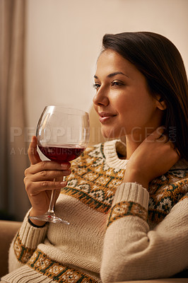 Buy stock photo Woman, thinking and relax in home with wine for daydreaming, wellness and weekend break with happiness. Person, face and thoughtful in living room with alcohol for antioxidant or celebration in house