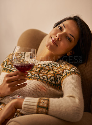Buy stock photo Woman, thinking and relax in home with red wine for daydreaming, wellness and weekend break with smile. Person, face and thoughtful in living room with alcohol for antioxidant or celebration in house