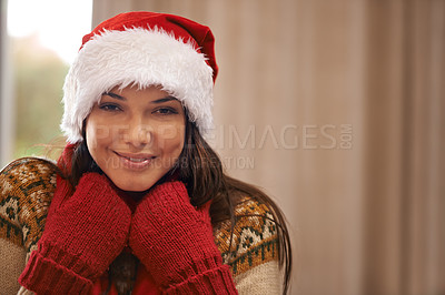 Buy stock photo Portrait, smile and Santa hat for Christmas with woman in home for December, festive or holiday celebration. Face, fashion and winter with happy young person in apartment for vacation season