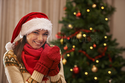 Buy stock photo Portrait, happy and Santa hat for Christmas with woman in home for December, festive or holiday celebration. Smile, fashion and winter with face of young person in apartment for vacation season