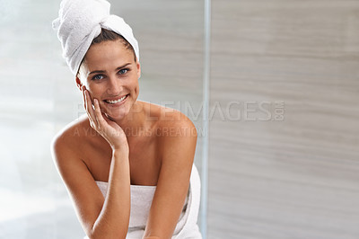 Buy stock photo Bathroom, girl and portrait with towel for skincare and hygiene for cleanliness or wellness for self care. Woman, morning shower routine for pamper or treatment for body dermatology and fresh glow.