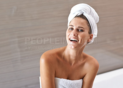 Buy stock photo Bathroom, girl and portrait with towel for hygiene and skincare for cleanliness or wellness for self care. Woman, morning shower routine for pamper or treatment for body dermatology and fresh glow.