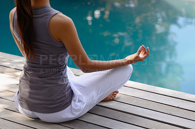 Buy stock photo Back, pool and meditation with woman, lotus and fitness with sunshine and yoga with breathing. Rear view, person and water with girl and yogi with wellness and healthy with balance, relax and peace
