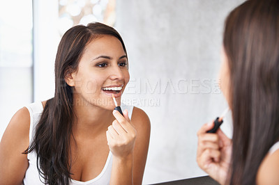 Buy stock photo Woman, mirror and lipstick to apply, beauty and makeup as facial, cosmetic and product to hydrate. Beautician, lip and gloss in cosmetology, dermatology and transformation of mouth, shine or color