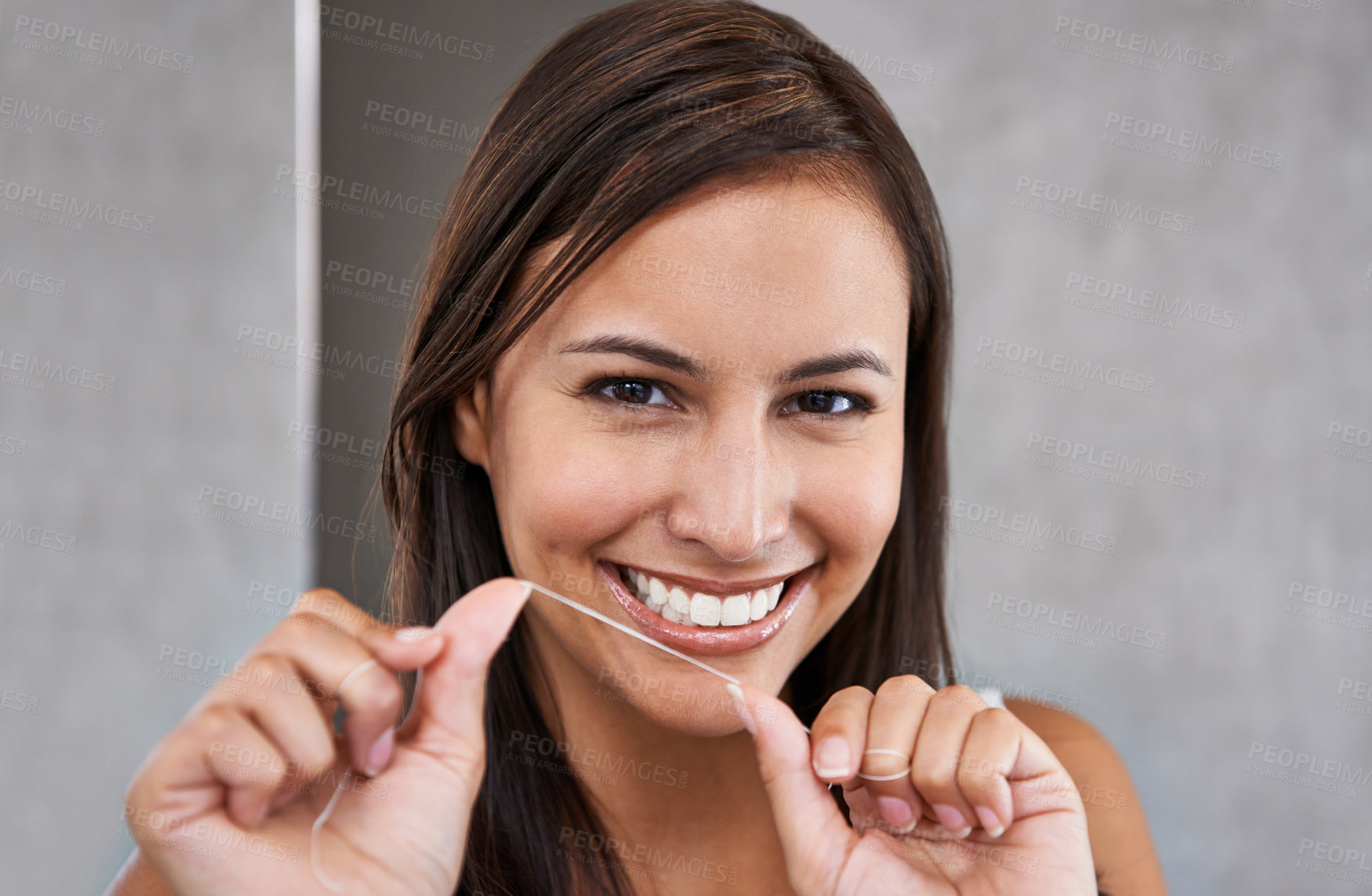 Buy stock photo Floss, teeth and dental portrait of woman in morning, routine and grooming with self care in home. Cleaning, mouth and girl with healthy smile from oral flossing and treatment for fresh breath