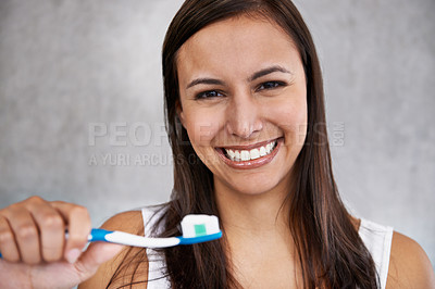 Buy stock photo Happy, woman and portrait with toothbrush in morning, routine and grooming with self care in home. Clean, teeth and girl with healthy smile from whitening, dental toothpaste and brushing in bathroom