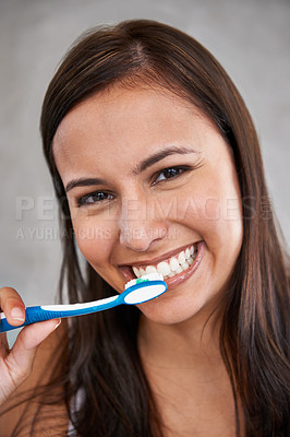 Buy stock photo Brushing teeth, smile and woman for dental with toothpaste, health and wellness for plaque and dentistry for gum care. Young person, happy and portrait for breath and clean for mouth and results