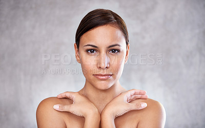 Buy stock photo Natural beauty, face with woman and cosmetics for glow, skin health and wellness on grey background. Clean skincare, dermatology portrait with shine and hygiene, self care and grooming with bodycare